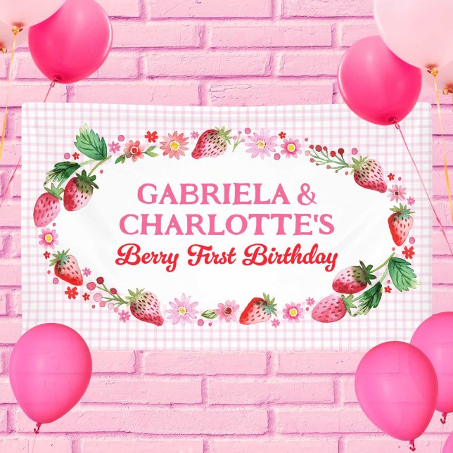 Banderoles Twins Girl's Joint Strawberries Berry 1er annivers (Twins Girl's Joint Strawberries Berry 1st Birthday Banner)