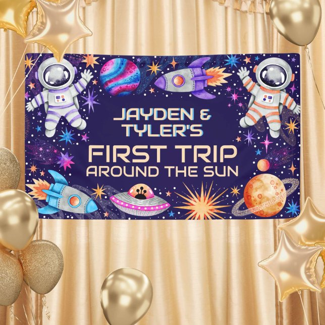 Banderoles Twins Premier voyage autour du Soleil Astronaut Ga (Twins First Trip Around the Sun Astronaut Galaxy Banner)