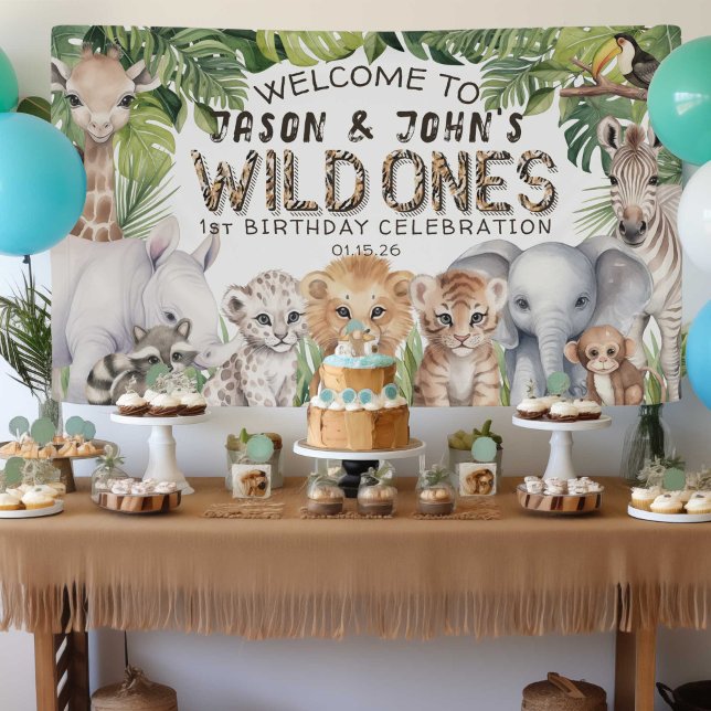 Banderoles Twins Wild Ones 1er Anniversaire Safari Thème Bien (Twins Wild one 1st birthday welcome backdrop, Safari themed boy first birthday. Jungle animals.)