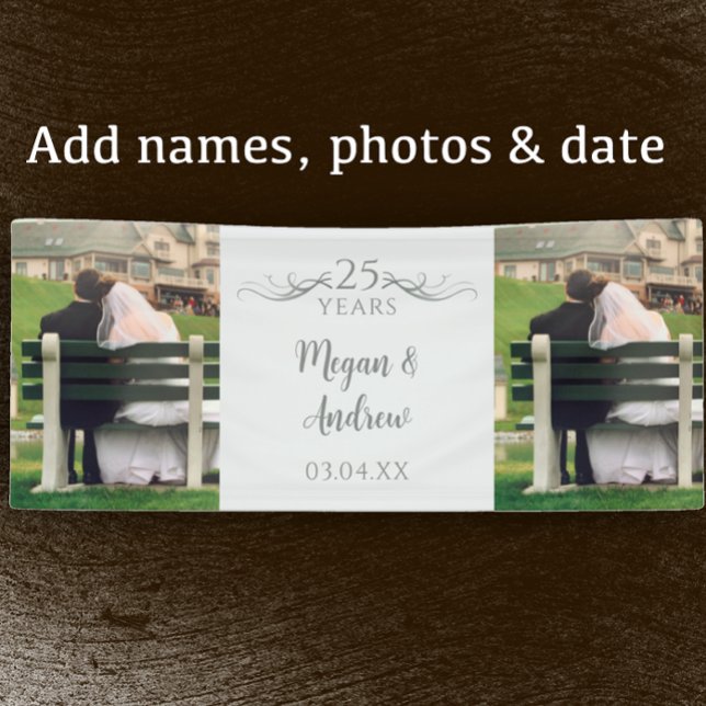 Banderoles Two Photo Custom Script 25th Wedding Anniversary (Customize this banner template by adding couple’s names two photos and 25th wedding anniversary date)