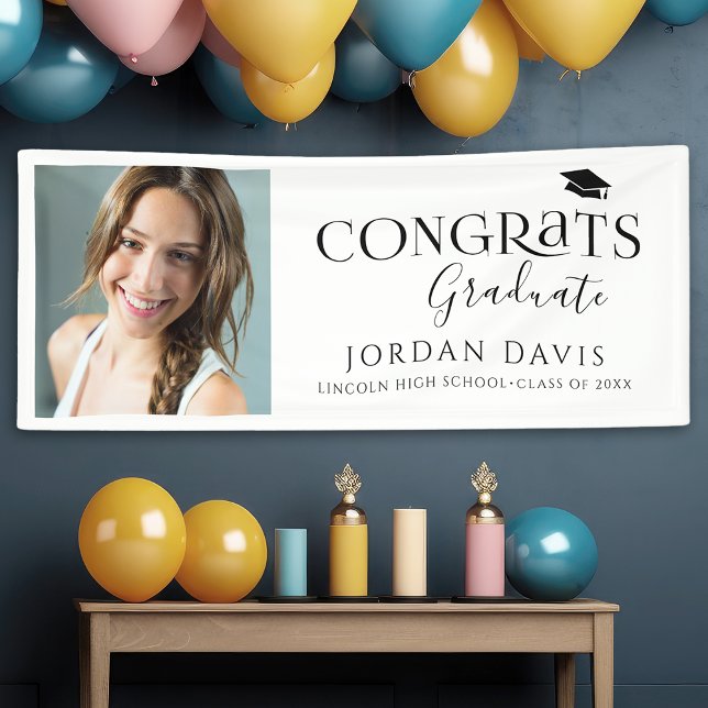Banderoles Typographie Noire Moderne Photo Party (Black Typography Modern Photo Graduation Party Banner)