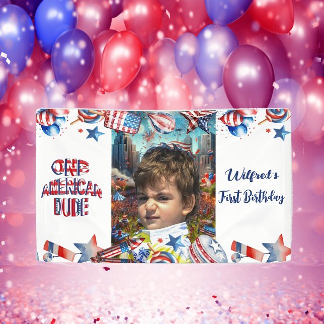 Banderoles Un Américain Dude Rouge Blanc Bleu Photo Anniversa (One American Dude Red White Blue Birthday Photo Banner)