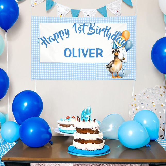Banderoles Un canard chanceux bleu en vichy heureux anniversa (One lucky duck blue gingham happy birthday banner boys 1st birthday party banner personalized decor)