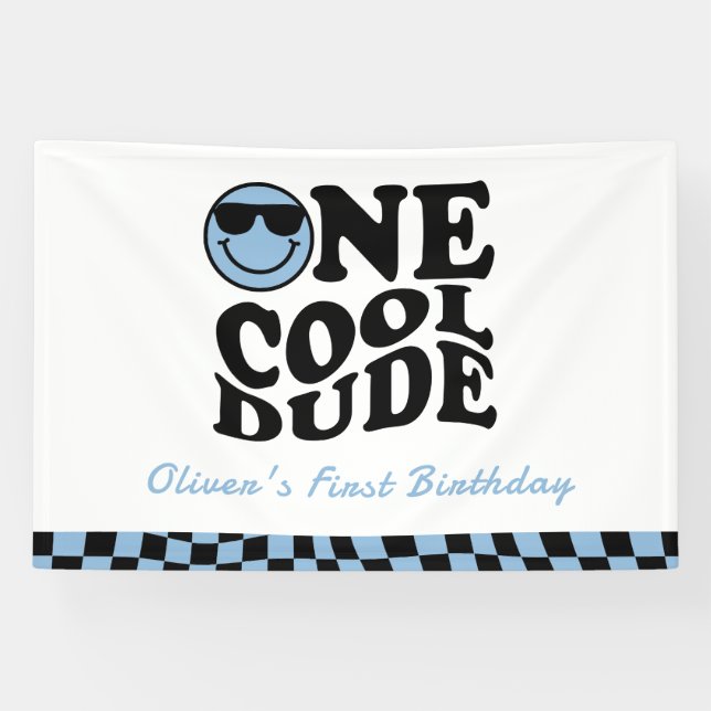 Banderoles Un Cool Dude Wavy Blue Smile Face 1er anniversaire (Horizontal)