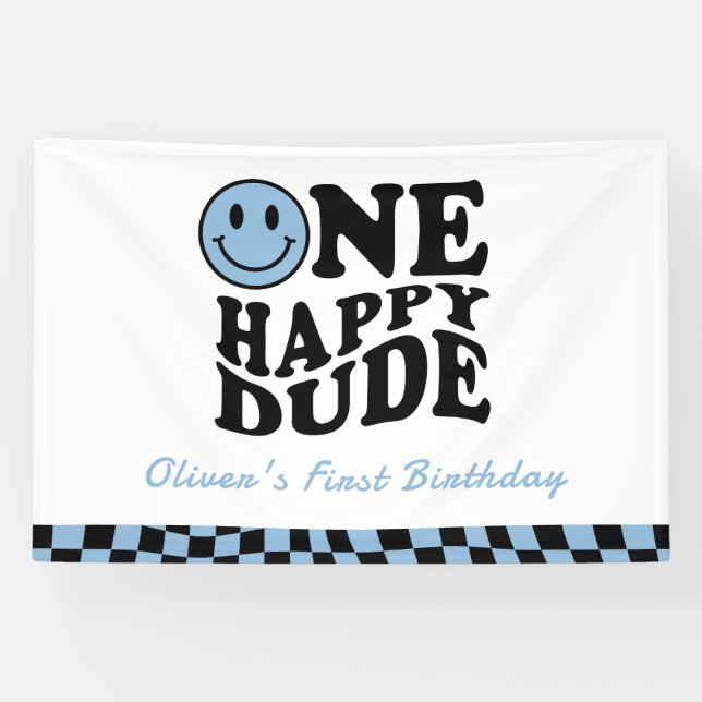 Banderoles Un heureux Dude Wavy Blue Smile Face 1er anniversa (Horizontal)
