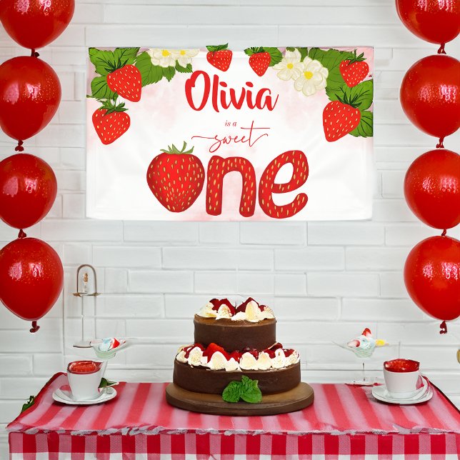 Banderoles Un modèle de fête d'anniversaire de fraise sucrée (Sweet one strawberry birthday party template banner personalized birthday decor)