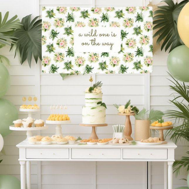 Banderoles Un sauvage est sur le chemin - Baby shower tropica (tropical party table with cupcakes and food for a gender neutral safari baby shower)