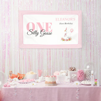 Banderoles Une oie idiote, rose en vichy 1er anniversaire de