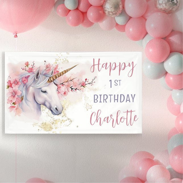 Banderoles Unicorne mystique | Rose Floral Girl 1er anniversa (Mystical Unicorn Pink  Cherry Blossoms and Faux Gold Glitter Girl's "Happy 1st Birthday" Banner)