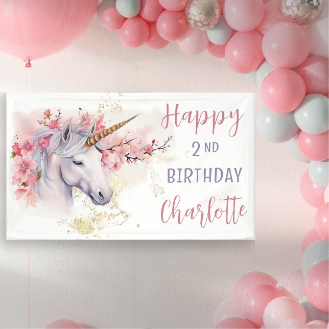 Banderoles Unicorne mystique | Rose Floral Girl 2e anniversai (Mystical Unicorn Pink  Cherry Blossoms and Faux Gold Glitter Girl's "Happy 2nd Birthday" Banner)