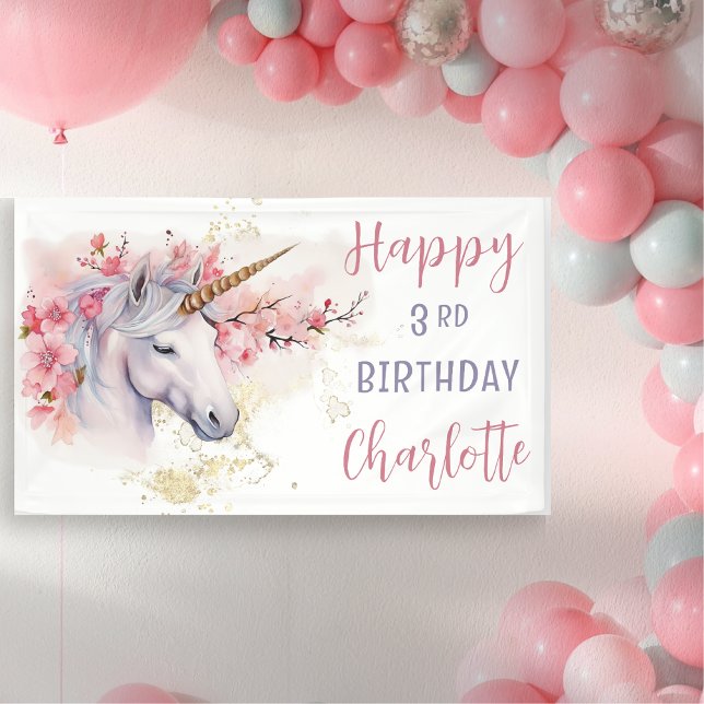Banderoles Unicorne mystique | Rose Floral Girl 3e anniversai (Mystical Unicorn Pink  Cherry Blossoms and Faux Gold Glitter Girl's "Happy 3rd Birthday" Banner)