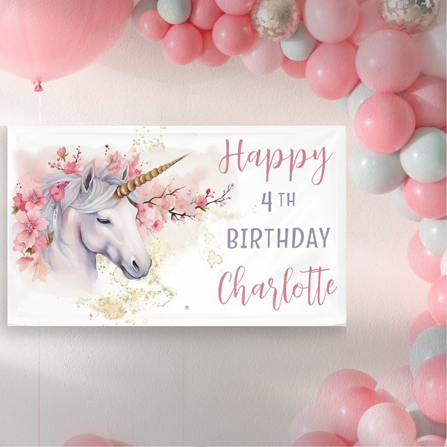Banderoles Unicorne mystique | Rose Floral Girl 4e anniversai (Mystical Unicorn Pink  Cherry Blossoms and Faux Gold Glitter Girl's "Happy 4th Birthday" Banner)