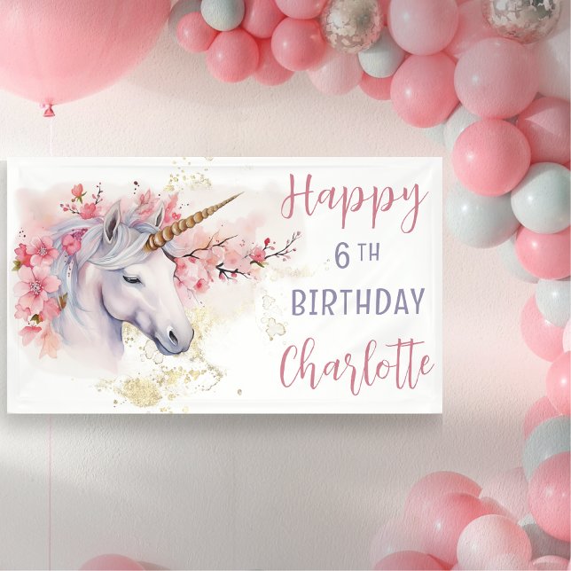 Banderoles Unicorne mystique | Rose Floral Girl 6e anniversai (Mystical Unicorn Pink  Cherry Blossoms and Faux Gold Glitter Girl's "Happy 6th Birthday" Banner)