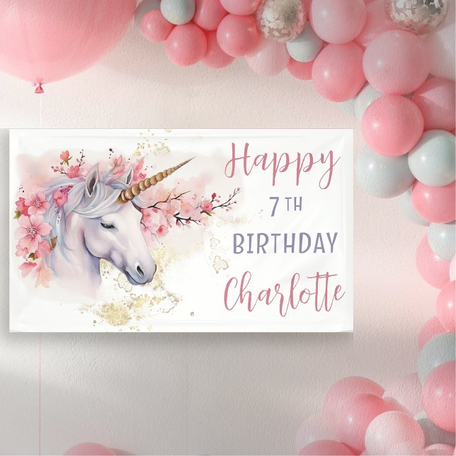 Banderoles Unicorne mystique | Rose Floral Girl 7e anniversai (Mystical Unicorn Pink  Cherry Blossoms and Faux Gold Glitter Girl's "Happy 7th Birthday" Banner)