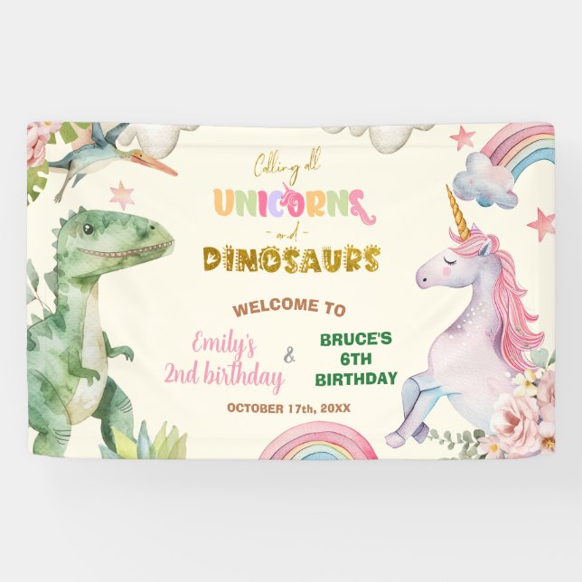 Banderoles Unicorns and Dinosaurs Joint Sibling Welcome Sign (Horizontal)