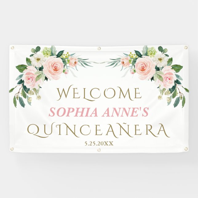Banderoles Unique Affiche de bienvenue Floral Quinceañera Ros (Horizontal)