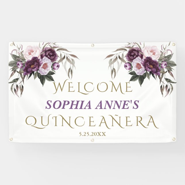Banderoles Unique rose violet Floral Quinceañera Affiche de b (Horizontal)