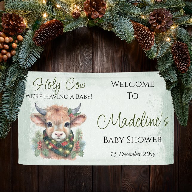 Banderoles Vacances d'hiver Highland Holy Cow Baby shower (Winter Holiday Highland "Holy Cow" Evergreen Baby Shower Banner)