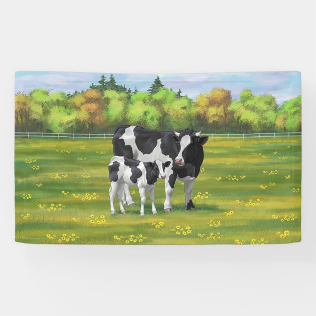 Banderoles Vache Holstein et veau mignon en pâturage d'été (Horizontal)