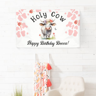 Banderoles Vache Saint 1er Anniversaire Aquarelle rose