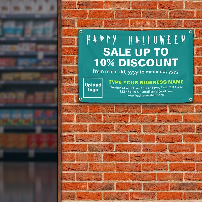 Banderoles Vente d'Halloween d'affaires sur un rectangle vert (Attract more customers this holiday. Business Halloween sale on teal green rectangle banner.)