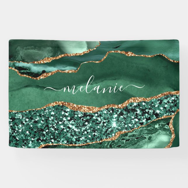 Banderoles Vert Agate Or Glitter Geode Marbre Nom personnalis (Horizontal)