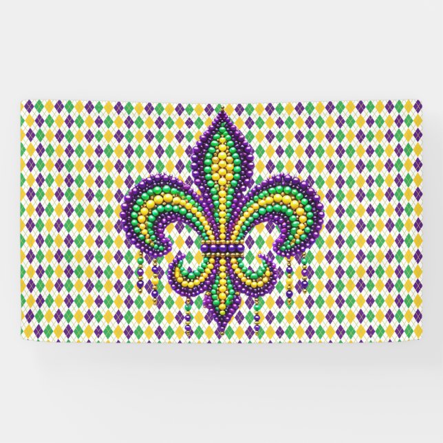 Banderoles Vert jaune pourpre Mardi Gras fleur de lis (Horizontal)