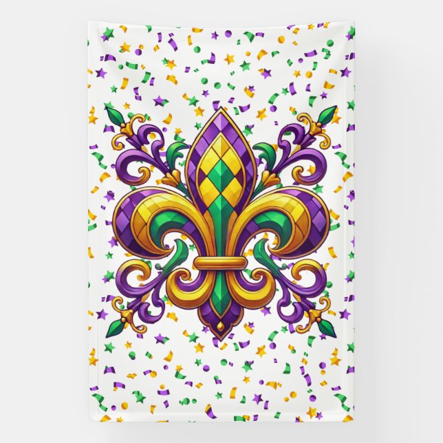 Banderoles Vert jaune pourpre Mardi Gras fleur de lis (Verticale)