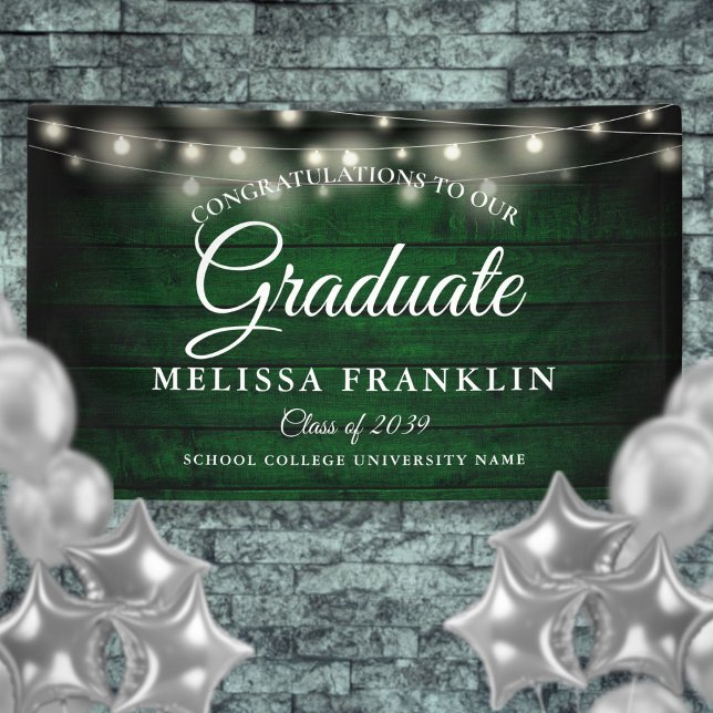 Banderoles Verte Rustique Chaîne de bois Lumières Graduation (Green Rustic Wood String Lights Graduation Banner)