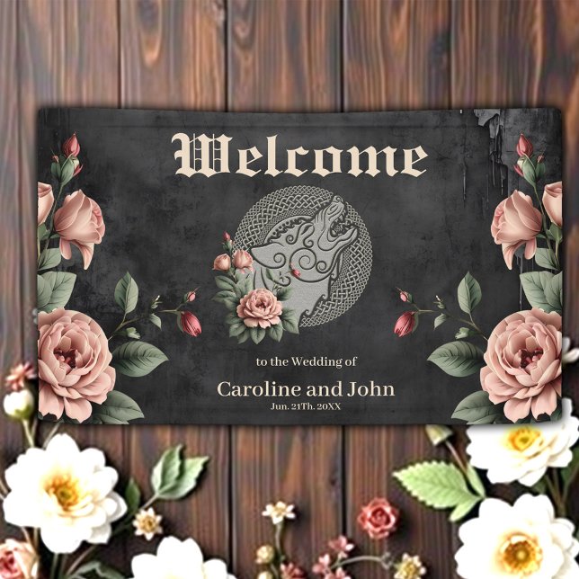 Banderoles Viking Wolf & Rose. Une tête de loup stylisée, (Créateur téléchargé)