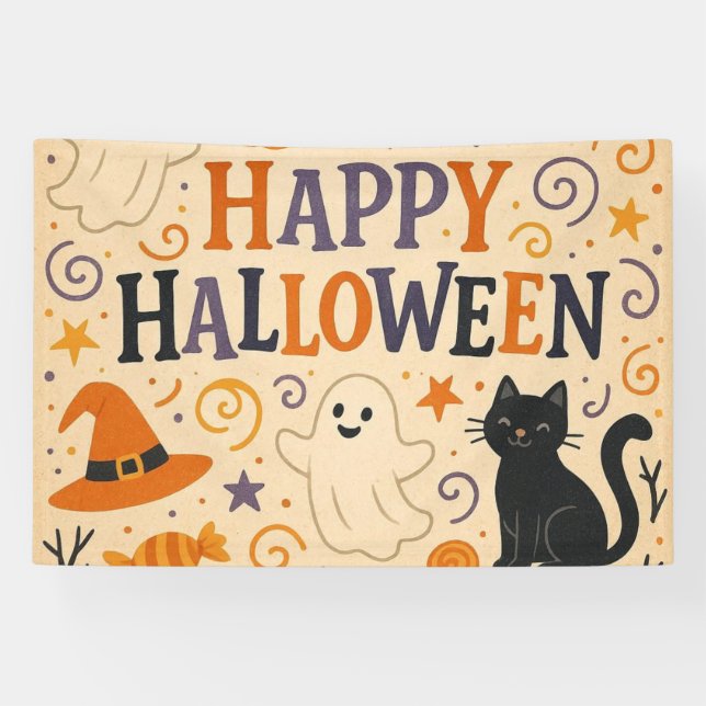 Banderoles Vintage, mignon blanc Happy Halloween (Horizontal)