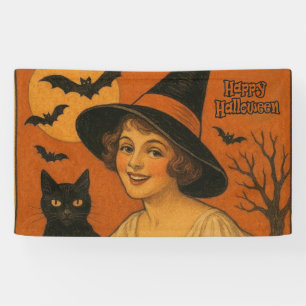 Banderoles Vintage/rétro Happy Halloween sorcière, chat, citr