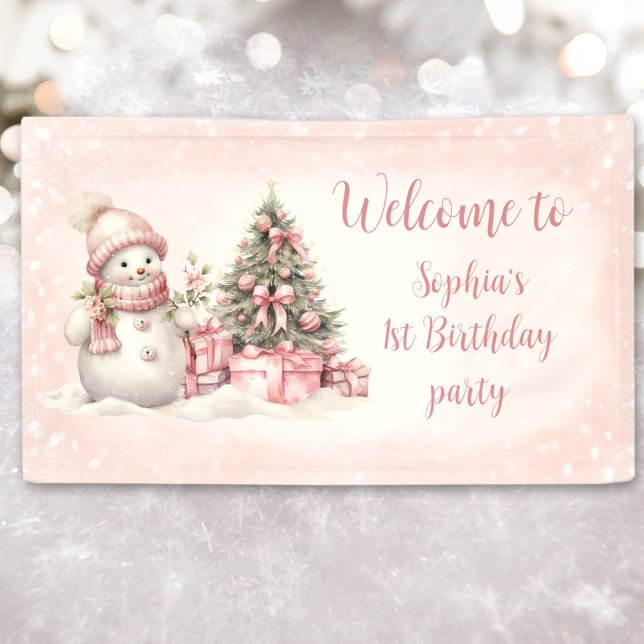 Banderoles Vintage Snowman rose Noël 1er anniversaire bannièr (Vintage Snowman Pink Christmas 1st Birthday Banner)