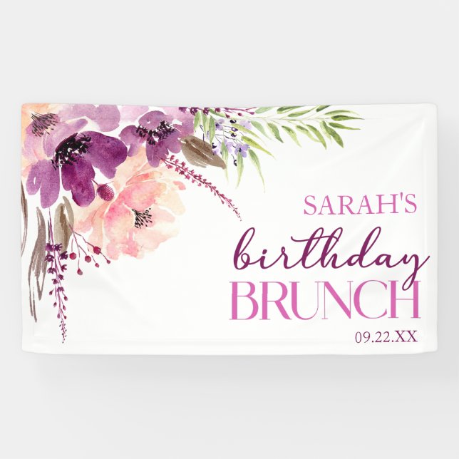 Banderoles Violet Magenta Purple Floral Anniversaire Brunch (Horizontal)