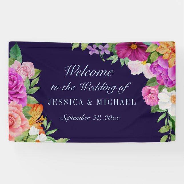 Banderoles Violet rose foncé bleu gras Mariage floral Bienven (Horizontal)