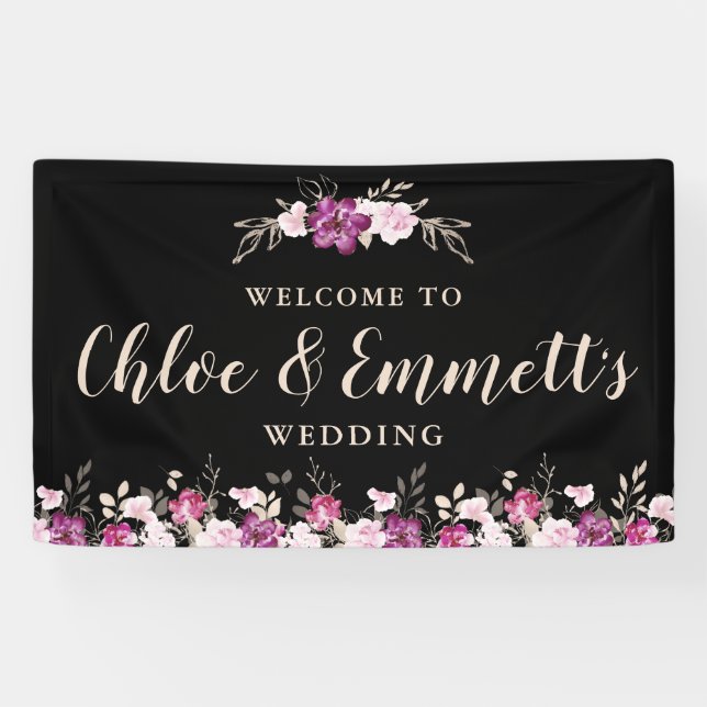 Banderoles Violet rose rustique sur Mariage floral noir (Horizontal)