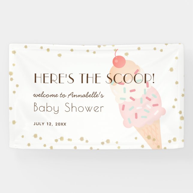 Banderoles Voici le Baby shower rose crème glacée Scoop (Horizontal)
