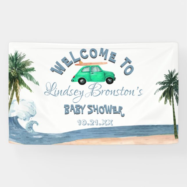 Banderoles Voiture de surf Cocout Tree Blue Beach Baby shower (Horizontal)