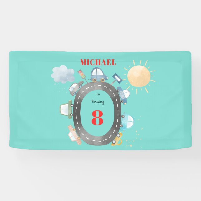 Banderoles Voitures et véhicules sur la route garçon annivers (Horizontal)