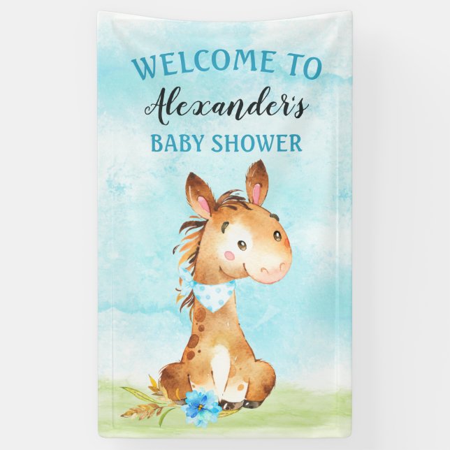 Banderoles Watercolor Boy Horse Baby shower Farm (Vertical)