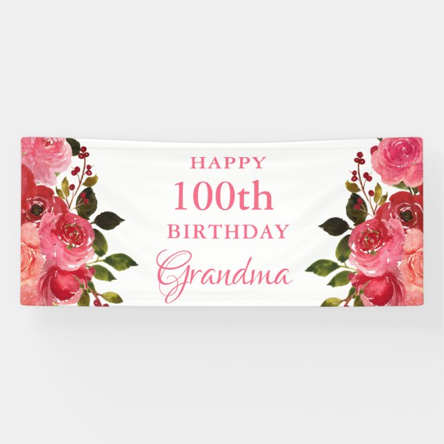Banderoles Watercolor Floral 100th Birthday Party Invitation (Horizontal)