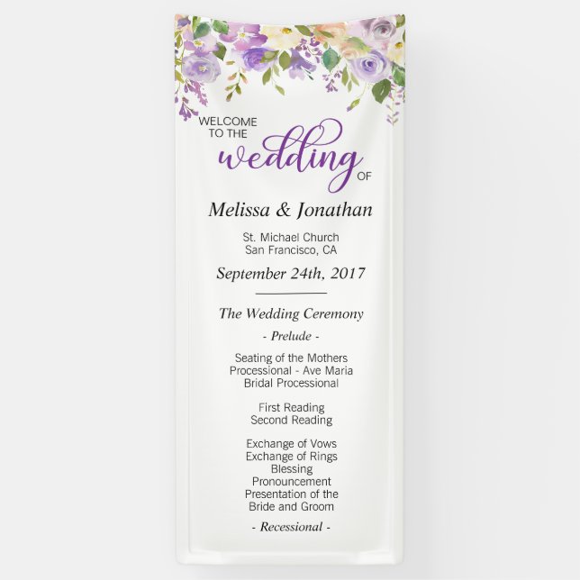 Banderoles Watercolor Floral Purple Lavender Wedding Programm (Vertical)