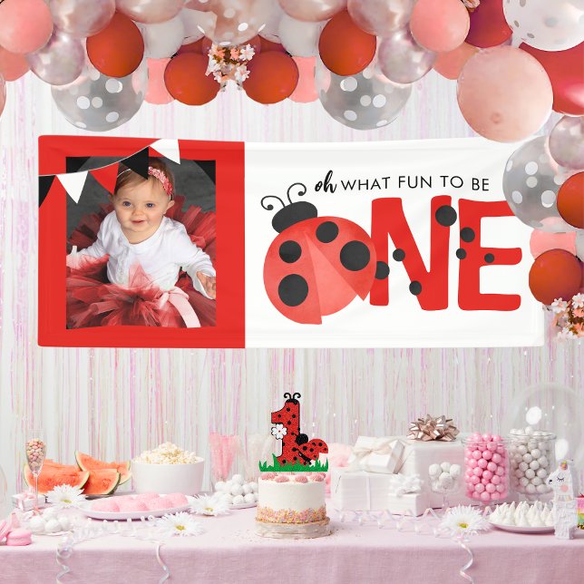 Banderoles Watercolor Ladybug Oh What Fun ONE Photo Party (Oh What Fun to Be ONE Watercolor Ladybug Hanging Photo Birthday Vinyl Banner)