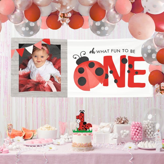 Banderoles Watercolor Ladybug Oh What Fun ONE Photo Party (Oh What Fun to Be ONE Watercolor Ladybug Hanging Photo Birthday Vinyl Banner With Wood Accent)