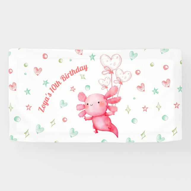 Banderoles Watercolor Pink Axolotl Fun Anniversaire de enfant (Horizontal)
