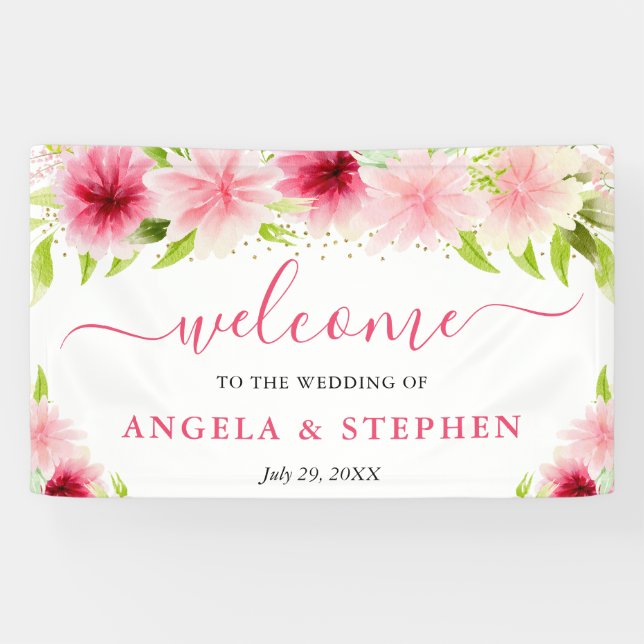 Banderoles Watercolor Pink Flowers Wedding Welcome (Horizontal)