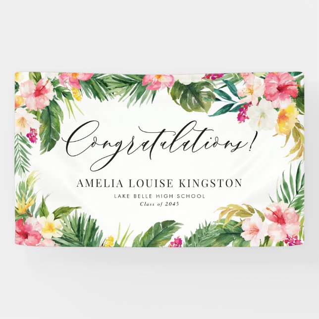 Banderoles Watercolor Tropical Floral Frame Graduation Party (Horizontal)