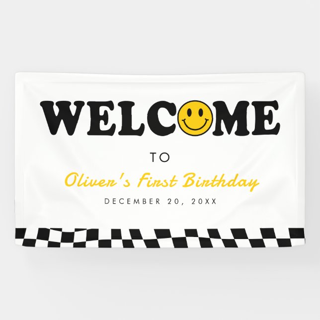 Banderoles Wavy Yellow Preppy Smile Garçon 1er anniversaire B (Horizontal)