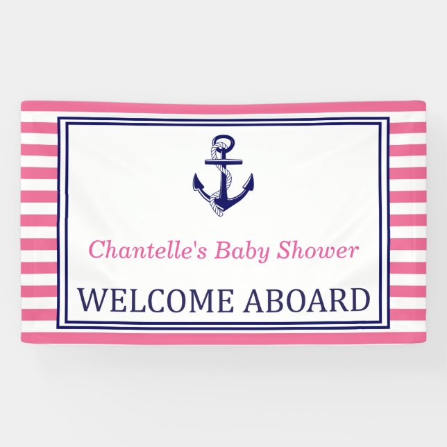 Banderoles Welcome Aboard - Sign - Pink Navy Nautical (Horizontal)