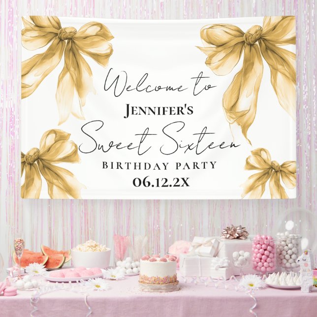 Banderoles Welcome Gold Bow Coquette Script Sweet 16  (Fête)